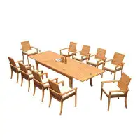 Teak Smith Grade-A Teak Dining Set: 122" Atnas Dbl Extension Rectangle Table And 10 Algrave Stacking Arm Chairs