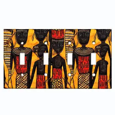 WorldAcc Metal Light Switch Plate Outlet Cover (Native African Culture Orange - Quadruple Toggle)