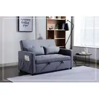 Ebern Designs 2 Seaters Slepper Sofa Bed.Dark Grey Linen Fabric 3-In-1 Convertible Sleeper Loveseat With Side Pocket.