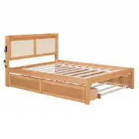 wtressa Elegant Bed Frame With Rattan Headboard And Sockets