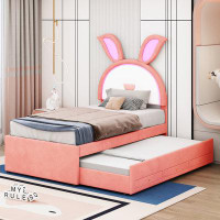 buthreing Twin Size Upholstered Platform Bed With Trundle And 3 Drawers, Rabbit-Shaped Headboard With Embedded LED Light