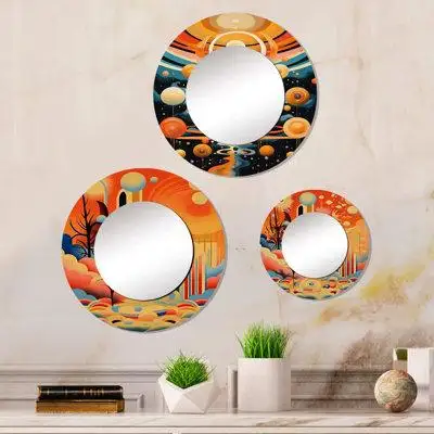 Latitude Run® Lakessa - Round Mirror On Glossy Abstract Metal Decor Set Of 3