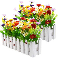 Primrue Artificial Flower Plants - Mixed Colour Daisies In Picket Fence Pot For Indoor Office Wedding Home Decor, 2 Sets