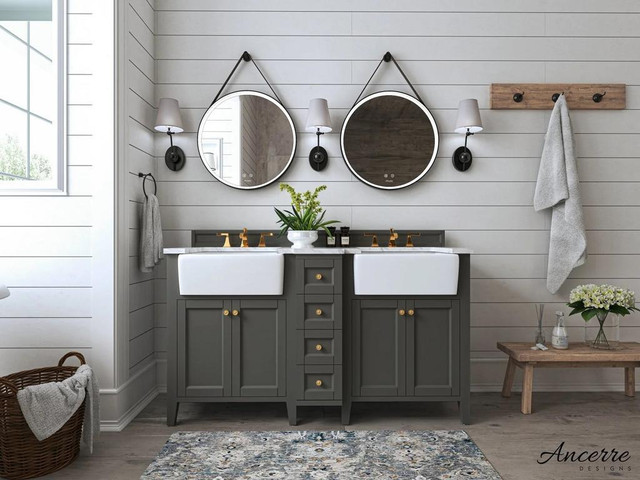 60 Inch Adeline Bathroom Vanity W Double Farmhouse Sink & Carrara White Marble Top Cabinet Set Available 3 Finishes ANC in Cabinets & Countertops