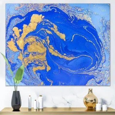 East Urban Home Gold And Blue Marbled Rippled Texture Iii - Modern Wall Art Print