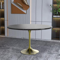 Mercer41 Mercer41 Verve Mid-Century Modern 48" Round Dining Table With Stone Top And Brushed Gold Pedestal Base