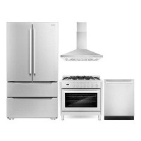 Cosmo Cosmo 4 Piece Kitchen Package With 36" Freestanding Gas Range 36" Wall Mount Range Hood 24" Built-in Integrated Di
