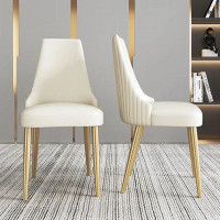 Everly Quinn Modern White Dining Chair PU Lether Upholstery (Set Of 2),Golden Stainless Steel Legs, Assembly Needed