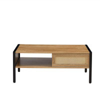 Infinity 40.16" Rattan Coffee table, sliding door for storage, metal legs, Modern table for living