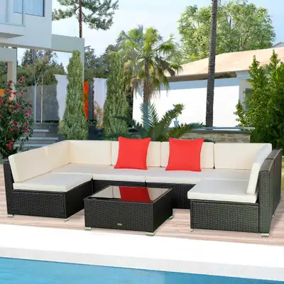 7pc PE Rattan Wicker Sectional Conversation Furniture Set w/ Cushions for Outdoor Patio - Beige