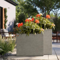 Latitude Run® 16", 24" High Stone Finish Elongated Square Modern Large Tall Outdoor Cement Planter Plant Pot Set Of 2