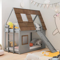 Harper Orchard Twin-size Wooden Bunk Bed With House-inspired Design, Roof Window, Ladder & Slide - Brown & Gray