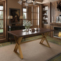 Mercer41 70.8 in. High-Grade  Dining Table with Natural Marble Top and Gold Stainless Steel Base