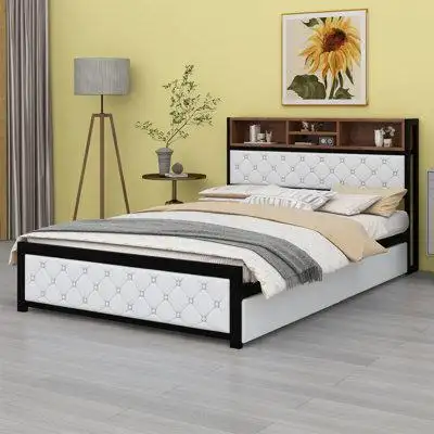 Red Barrel Studio Queen Size Metal Upholstered Platform Bed With Drawers,Sockets And USB Ports