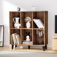 Millwood Pines Cube Bookshelf,2 Tier Mid-Century Rustic Brown Modern Bookcase With Soild Wood Legs,Open Storage Cabinet