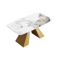 Everly Quinn 63"Modern Artificial Stone Pandora White Curved Golden Metal Leg Dining Table -6 People