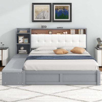 Latitude Run® Queen Size Platform Bed Frame With Upholstery Headboard And Storage Shelves And,USB Charging