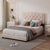Winston Porter Full Size Modern Velvet Upholstered Platform Bed Frame with Tufted Headboard,Grey