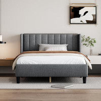 Ebern Designs Alwie Queen Size Platform Bed Frame with Fabric Upholstered Headboard and Wooden Slats Support