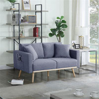 Wrought Studio Easton 56.5" Light Grey Linen Fabric Loveseat With USB Charging Ports Pockets & Pillows