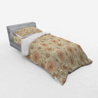 East Urban Home Ambesonne Floral Duvet Cover Set, Vintage Love Retro Coloured Exotic Hibiscus Plant Blooming Live Giving