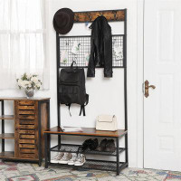 17 Stories Rustic Brown Coat And Shoe Rack With Bench - Industrial Style Entryway Organizer