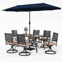 Lark Manor 6-person Metal Steel Patio Outdoor Furniture, Patio Dining Set With Umbrella, Swivel Chairs, Rectangular Tabl