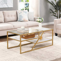 Mercer41 Coffee Table With Storage Shelf, Tempered Glass Coffee Table With Metal Frame