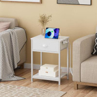 Latitude Run® Convenient White End Table With Charging Station, Sturdy Drawer, Multi-Function Stand