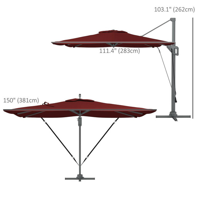 Cantilever Patio Umbrella 150" L x 111.4" W x 103.1" H Wine Red in Patio & Garden Furniture - Image 3