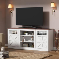 Gracie Oaks Farmhouse Tv Stand For Tvs Up To 75", White Media Console With Pop-up Cabinet Door