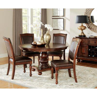 Canora Grey Elegant Design 5Pc Dining Set Brown Cherry Finish Pedestal Base Table And 4X Side Chairs Faux Leather Uphols