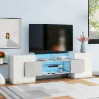 Ivy Bronx Unique Shape TV Stand With 2 Illuminated Glass Shelves 23.8" H x 78.7" W x 11" D
