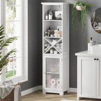 Red Barrel Studio Tall Bathroom Cabinet, Slim Linen Closet With Adjustable Shelves, Removable X-Shaped Stand & Glass Doo