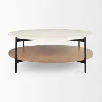 17 Stories Danesha Marble Top W/ Brown Wood Shelf Round Coffee Table