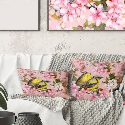 East Urban Home Pink Cherry Sakura And Apple Flowers With Birds I Animal Print Pillow
