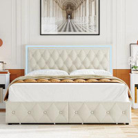 Lark Manor Ancuta Tufted Upholstered Platform Bed, 4 Drawers Storage Bed with LED Light Adjustable Headboard