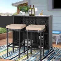 Arlmont & Co. Patio Outdoor Bar Set With Two Stools And Glass Top Table Patio Brown Wicker Furniture With Removable Cush