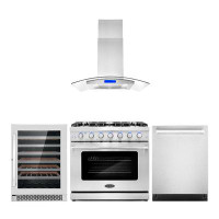 Cosmo 4 Piece Kitchen Package with 36" Freestanding Gas Range  36" Island Mount Range Hood 24" Built-in Fully Integrated