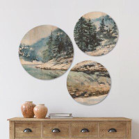 East Urban Home Designart 'Mountain Hill Reflected In Water' Landscapes Wood Wall Art Set Of 3 Circles