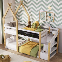 Creationstry Twin over Twin House Bunk Bed with Storage Staircase and Blackboard