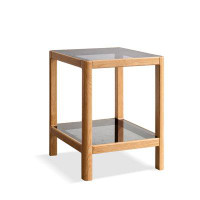 Latitude Run® Natural Oak Wood End Table With Tempered Glass For Living Room, Dinning Room, Or Bedroom
