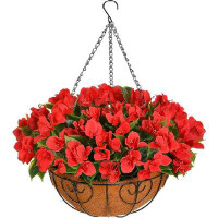 Primrue Artificial Fake Hanging Plants Flowers with Basket Outdoors , Faux Silk Bougainvillea