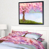 Made in Canada - East Urban Home 'Flowering Pink Tree by Lake' Framed Oil Painting Print on Wrapped Canvas