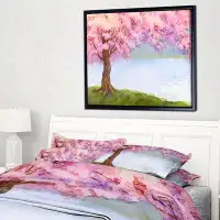 Made in Canada - East Urban Home 'Flowering Pink Tree by Lake' Framed Oil Painting Print on Wrapped Canvas