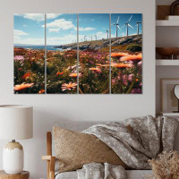 Highland Dunes Wind Turbines Floral Field II - Plants Wall Art Living Room - 4 Panels