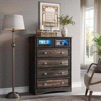 Charlton Home Charlton Home® Tall 6 Drawer Dresser with Lights, Chest of Drawers for Bedroom,Dark Rustic Oak
