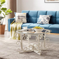 One Allium Way Glass Coffee Table with Sturdy Iron Leaf-shape Base, Leisure Cocktail Table