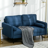 56 LOVESEAT SOFA FOR BEDROOM UPHOLSTERED 2 SEATER COUCH WITH BACK CUSHIONS AND PILLOWS, BLUE