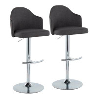 LumiSource Ahoy Contemporary Adjustable Barstool With Swivel In Chrome Metal And Light Grey Fabric With Rounded T Footre